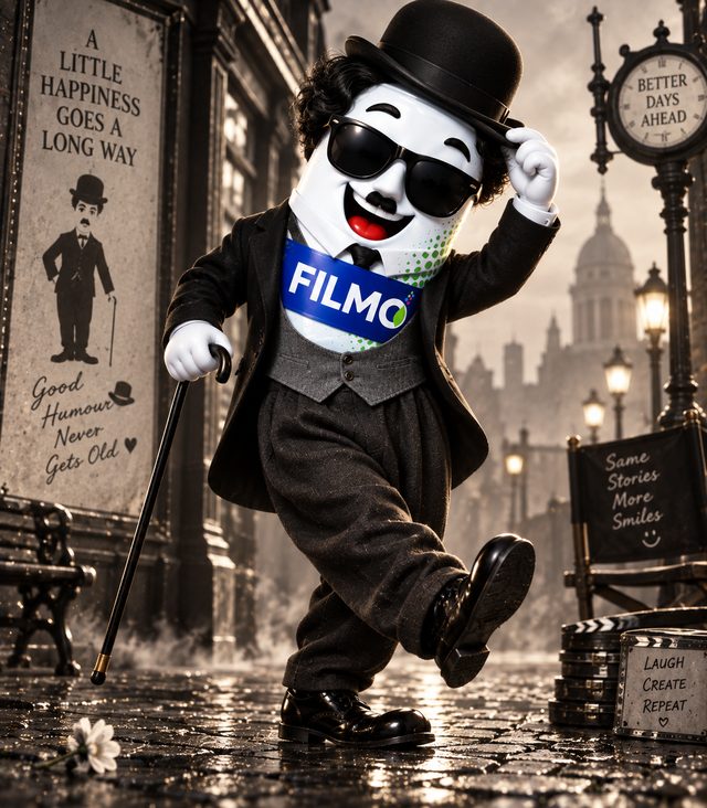 FILMO mascot as a black-and-white silent-film comic in a bowler hat, holding a cane
