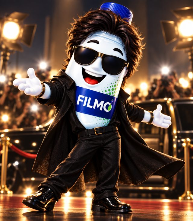 FILMO mascot as a superstar in sunglasses and a long black coat, posing on a red carpet among camera flashes