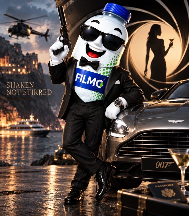 FILMO mascot as a tuxedo-clad secret agent leaning on a sports car, with the line Shaken Not Stirred