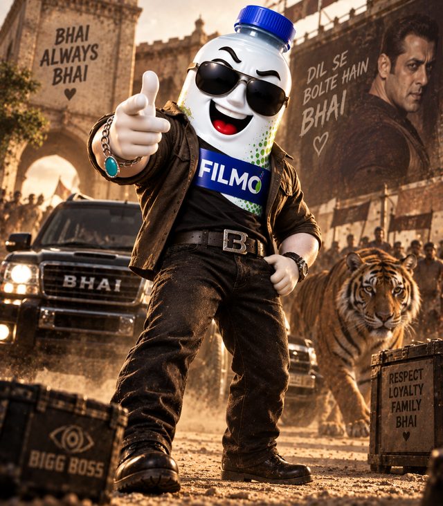 FILMO mascot as an action-film leading man in a leather jacket and sunglasses, pointing at the camera with a tiger and SUVs behind