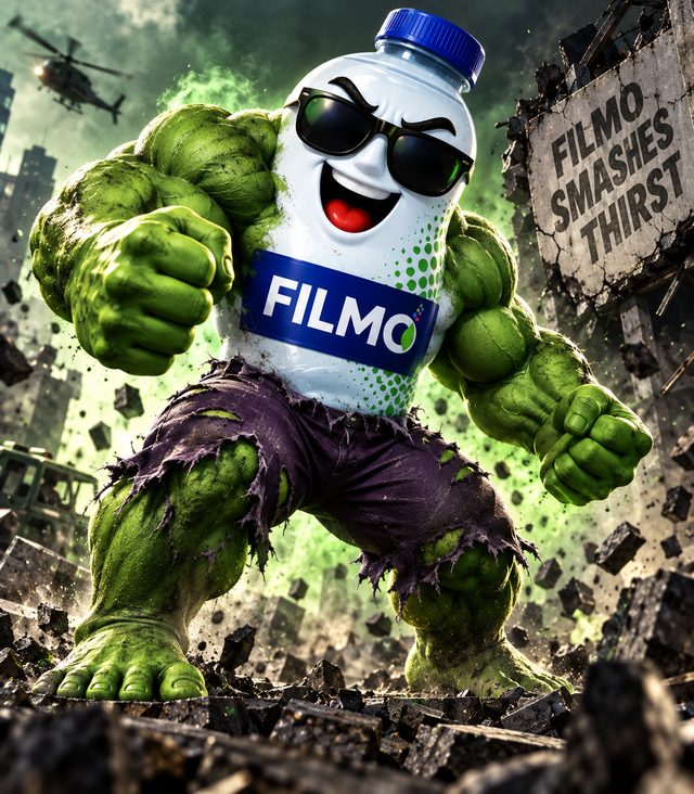 FILMO mascot as a hulking green action hero smashing through rubble, with a sign reading FILMO Smashes Thirst
