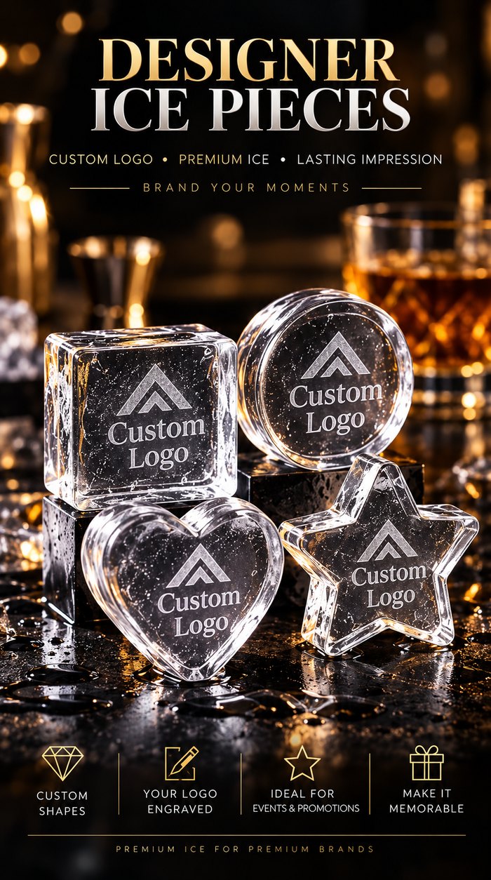 Designer ice pieces poster: square, round, heart and star shaped ice engraved with a customer logo