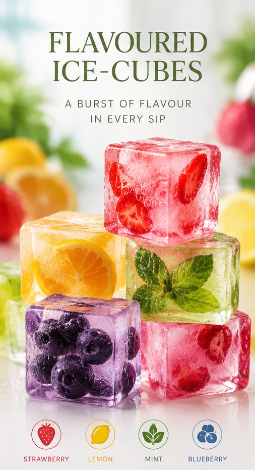 Flavoured ice-cubes poster: strawberry, lemon, mint and blueberry ice cubes