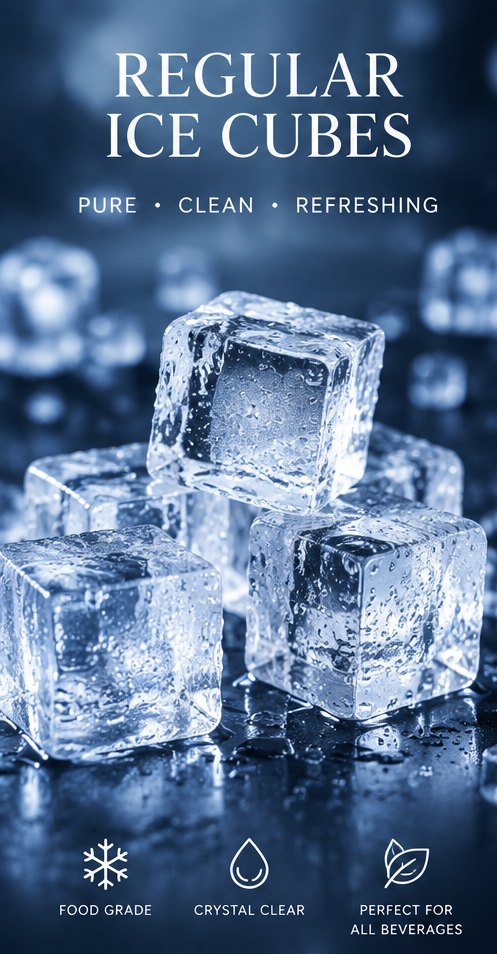 Regular ice cubes poster: crystal-clear ice cubes with the words Pure, Clean, Refreshing