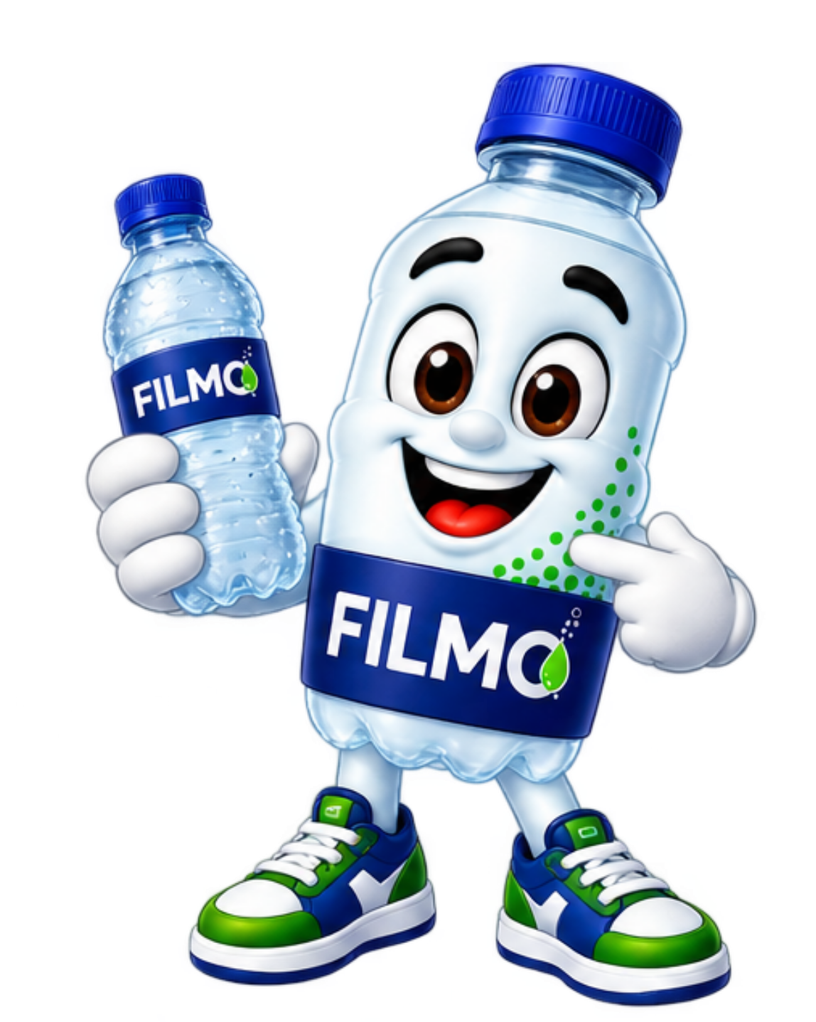 FILMO mascot holding a mini bottle, wearing a quality checkmark badge