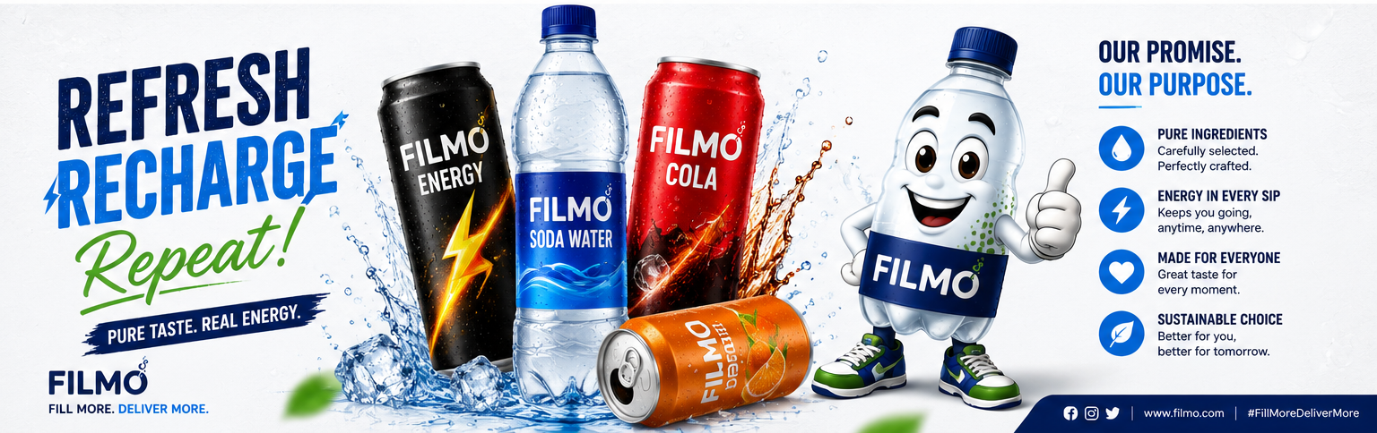 FILMO mascot beside Energy, Soda Water, Cola, and Orange, with the headline 'Refresh. Recharge. Repeat.'