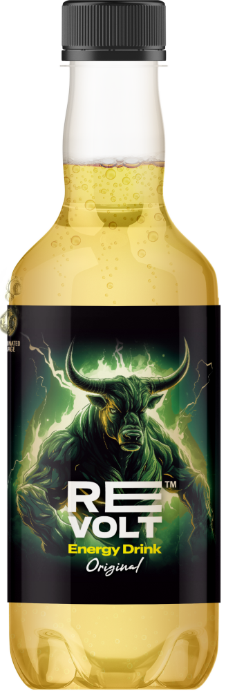 Revolt Energy Drink Original PET bottle with a charging bull on the label
